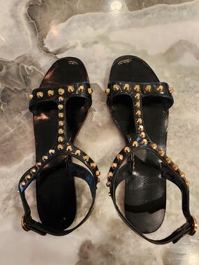 Prada Black Leather T-Strap Sandals with Gold Studs